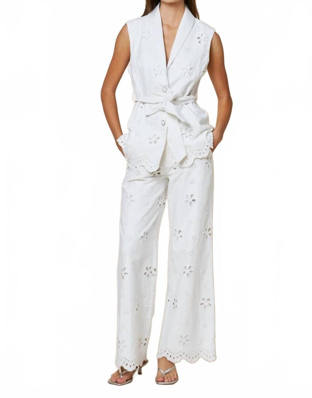 NEW ENTRO flower power embroidered pants in off white